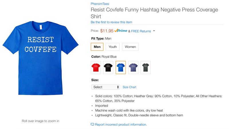 Illustration for article titled Be the Saddest Guy in the Office With Amazon's Embarrassing 'Covfefe' Swag